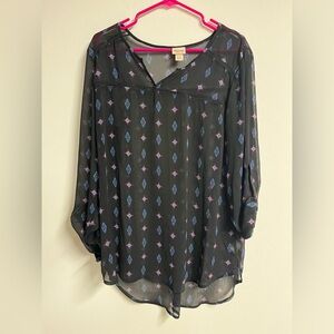 Mossimo Black Blouse with Blue and Pink Pattern